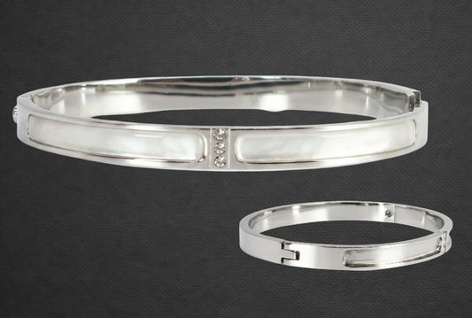 Zircon Part Channel High Polished Silver Stainless Steel Bangle