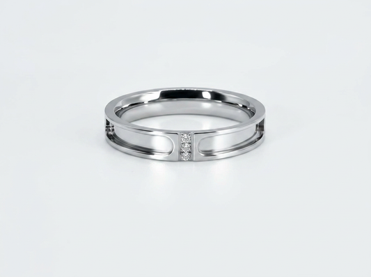 Zircon Part Channel High Shine Silver Stainless Steel Ring